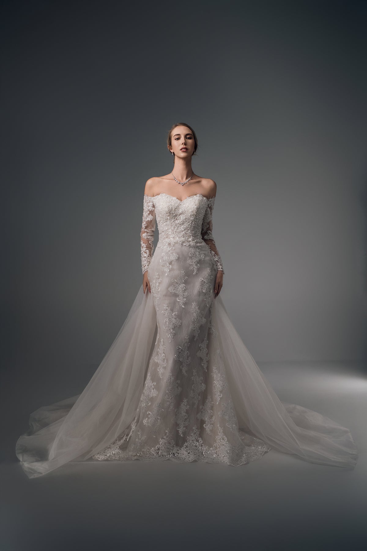 Amaris off-shoulder lace wedding dress with overskirt, full-length front view