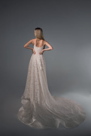 Arabella pearl-strap lace A-line wedding dress, back train view