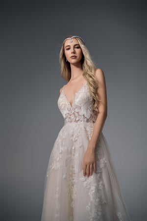 Calanthe floral lace A-line wedding dress, bodice detail