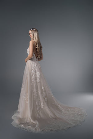 Calanthe floral lace A-line wedding dress, side train view