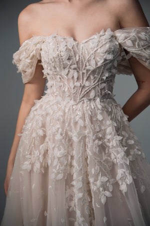 Delphine off-shoulder 3D floral tulle A-line wedding dress, bodice view