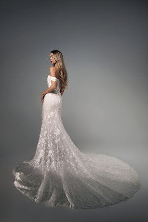 Evadne fitted floral lace mermaid wedding dress, side view