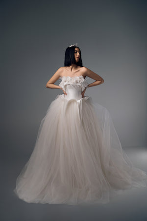 Fiora off-shoulder floral tulle A-line wedding dress, full-length front view