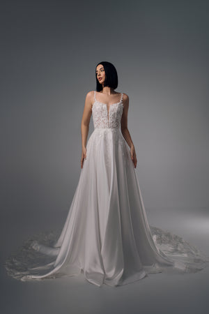Ianthe floral bodice satin A-line wedding dress, front view
