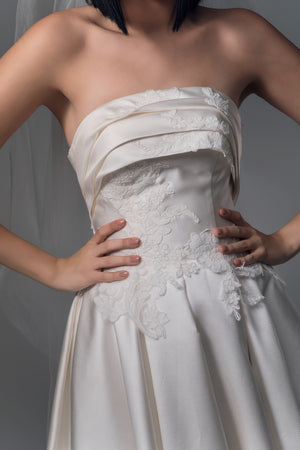 Idalia strapless lace and satin A-line wedding dress, bodice view