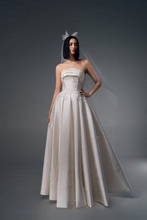 Idalia strapless lace and satin A-line wedding dress, front view