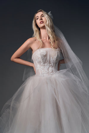 Leonora strapless lace tulle A-line wedding dress, bodice view