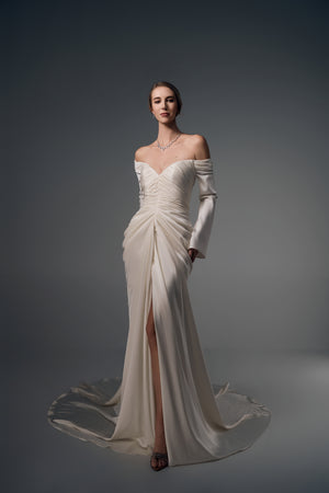 Lorelei off-shoulder ruched satin mermaid wedding dress, full-length front view