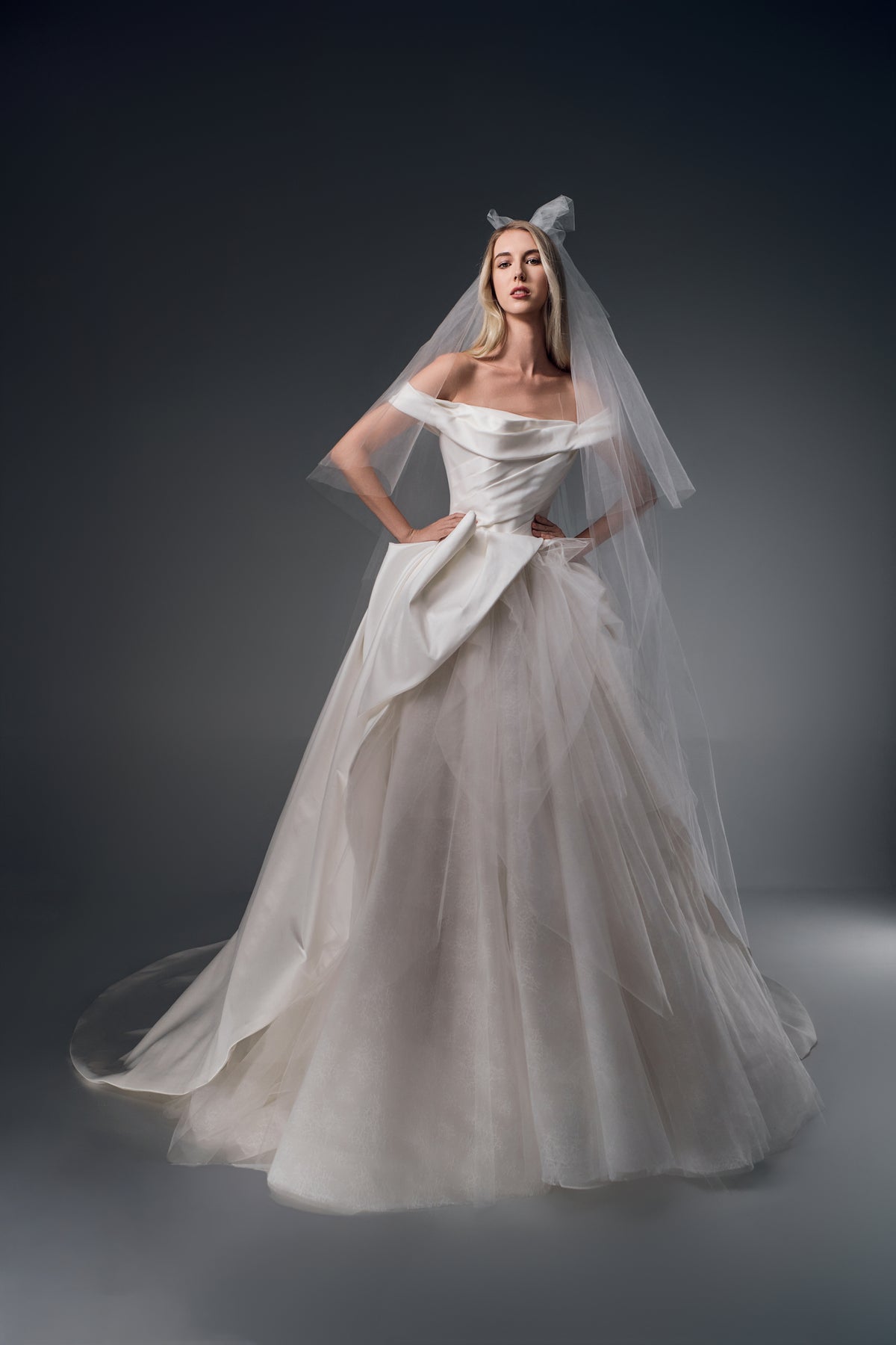 Marcelline asymmetric folded satin A-line wedding dress, front view