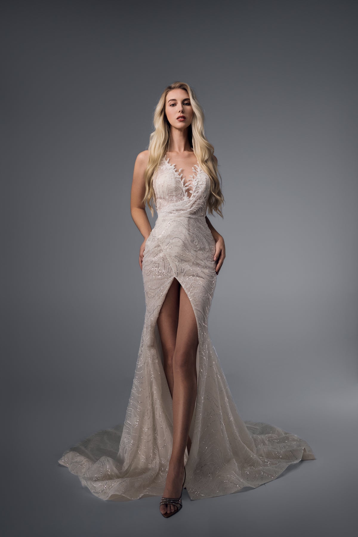 Meliora deep V beaded mermaid wedding dress with front split, front view