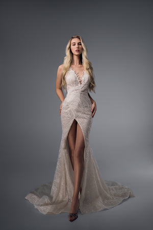 Meliora deep V beaded mermaid wedding dress with front split, front view