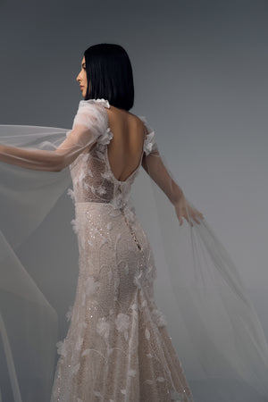Melusine 3D floral lace mermaid wedding dress, open-back view
