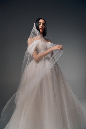 Mirabelle off-shoulder lace tulle A-line wedding dress, veil view