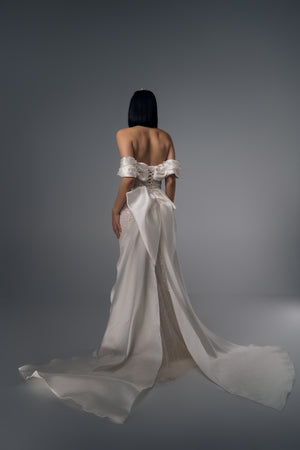 Naevia off-shoulder beaded mermaid wedding dress, back train view