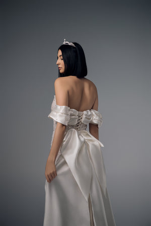 Naevia off-shoulder beaded mermaid wedding dress, back and side view