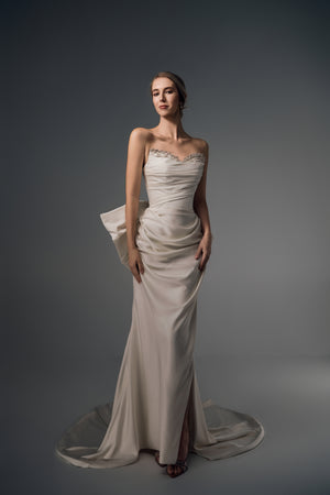 Nerina beaded-neckline ruched satin mermaid wedding dress, full-length front view