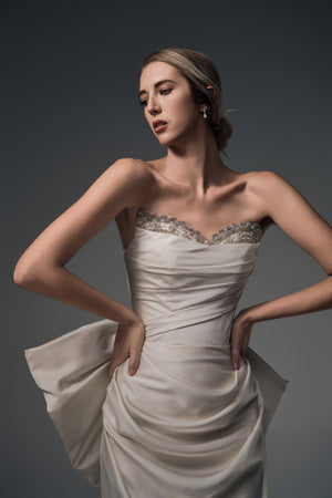 Nerina ruched satin mermaid wedding dress, front waist detail