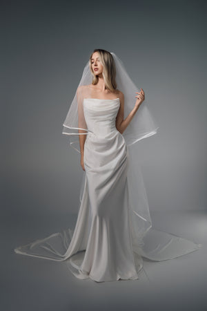 Nerissa strapless draped satin wedding dress, full-length front view
