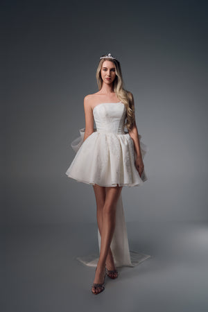 Phaenna strapless high-low wedding dress with bow train, front view