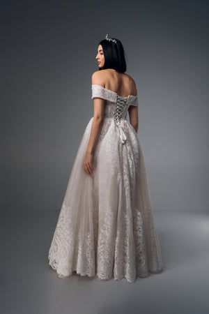 Rosamund off-shoulder lace A-line wedding dress, back view