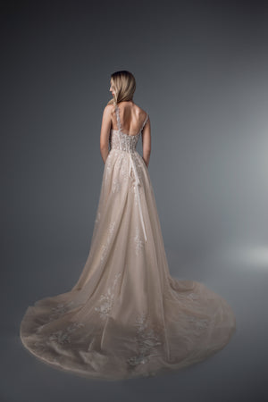 Rowena floral-strap lace tulle A-line wedding dress, back train view