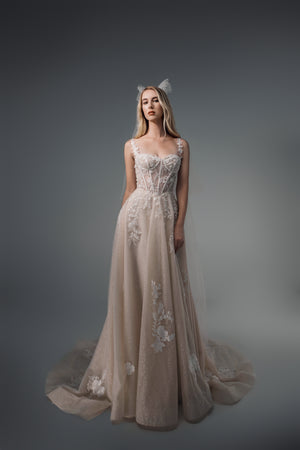 Rowena floral-strap lace tulle A-line wedding dress, front view