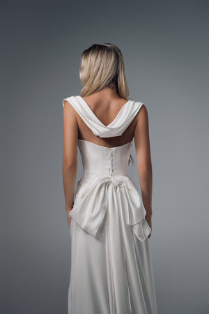 Solenne draped satin column wedding dress, bow-back view