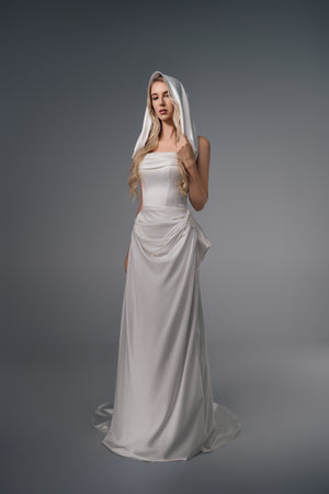Solenne draped satin column wedding dress, full-length front view