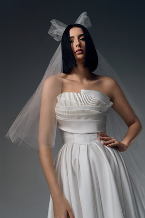 Theodora strapless ruched satin A-line wedding dress, bodice view