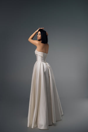 Thessalia strapless satin A-line wedding dress, back view
