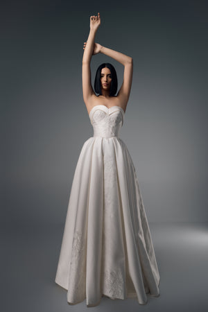 Thessalia strapless sweetheart satin A-line wedding dress, full-length front view