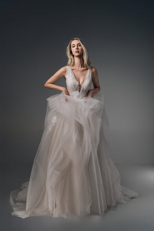 Valencia deep-V ruffled tulle A-line wedding dress, front view
