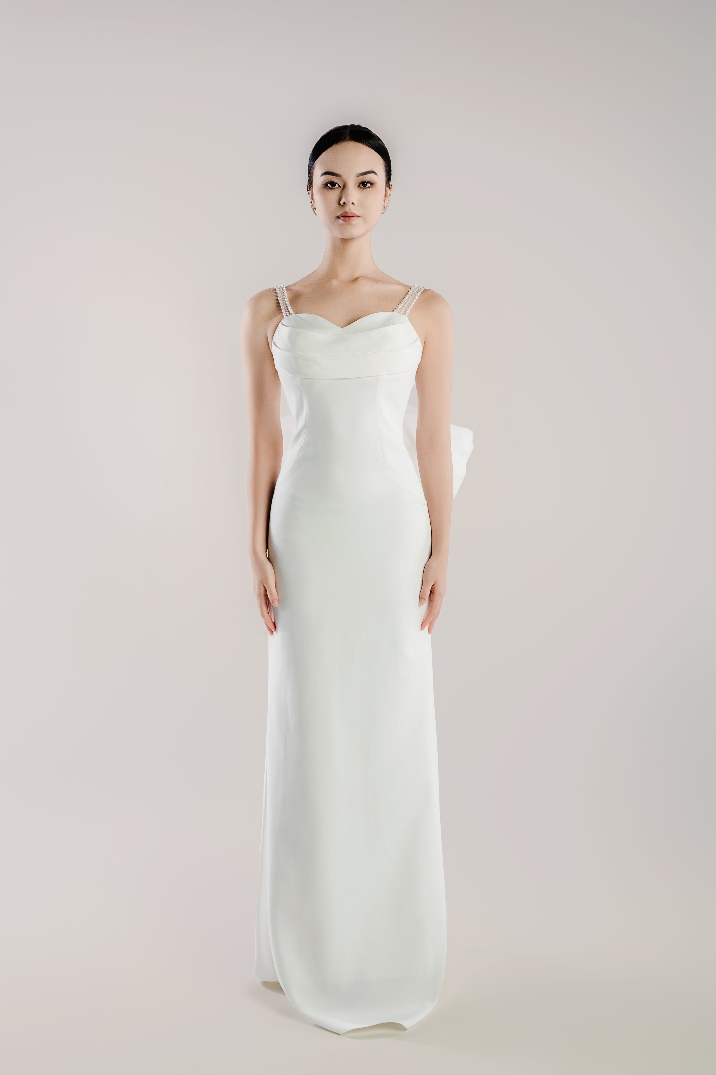Celestine satin sheath wedding dress with dramatic open back and pearl straps, Brisbane