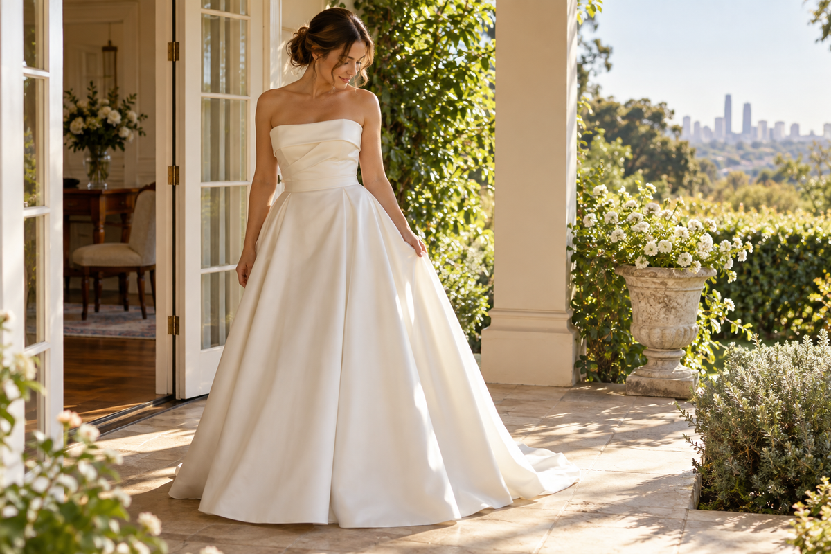 Editorial bridal scene with a full A-line gown in warm garden light