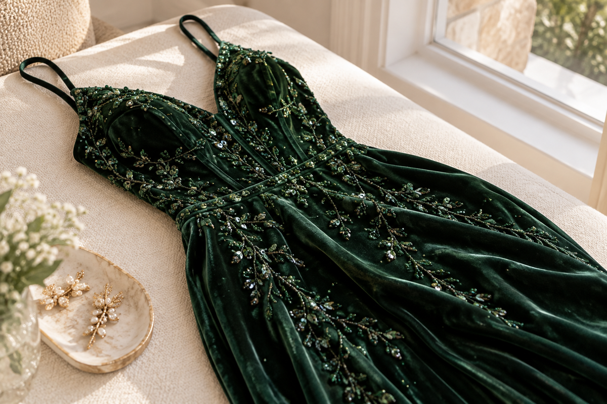 Beaded green velvet dress resting on a padded ivory surface