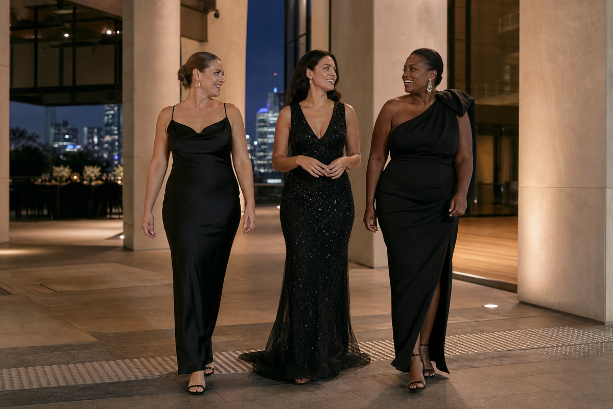 Black formal dresses showing shape texture and evening movement