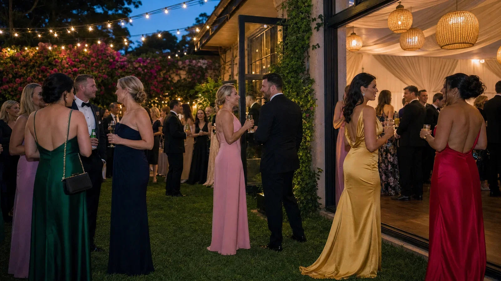 Guests wearing coloured black-tie gowns at an Australian spring wedding