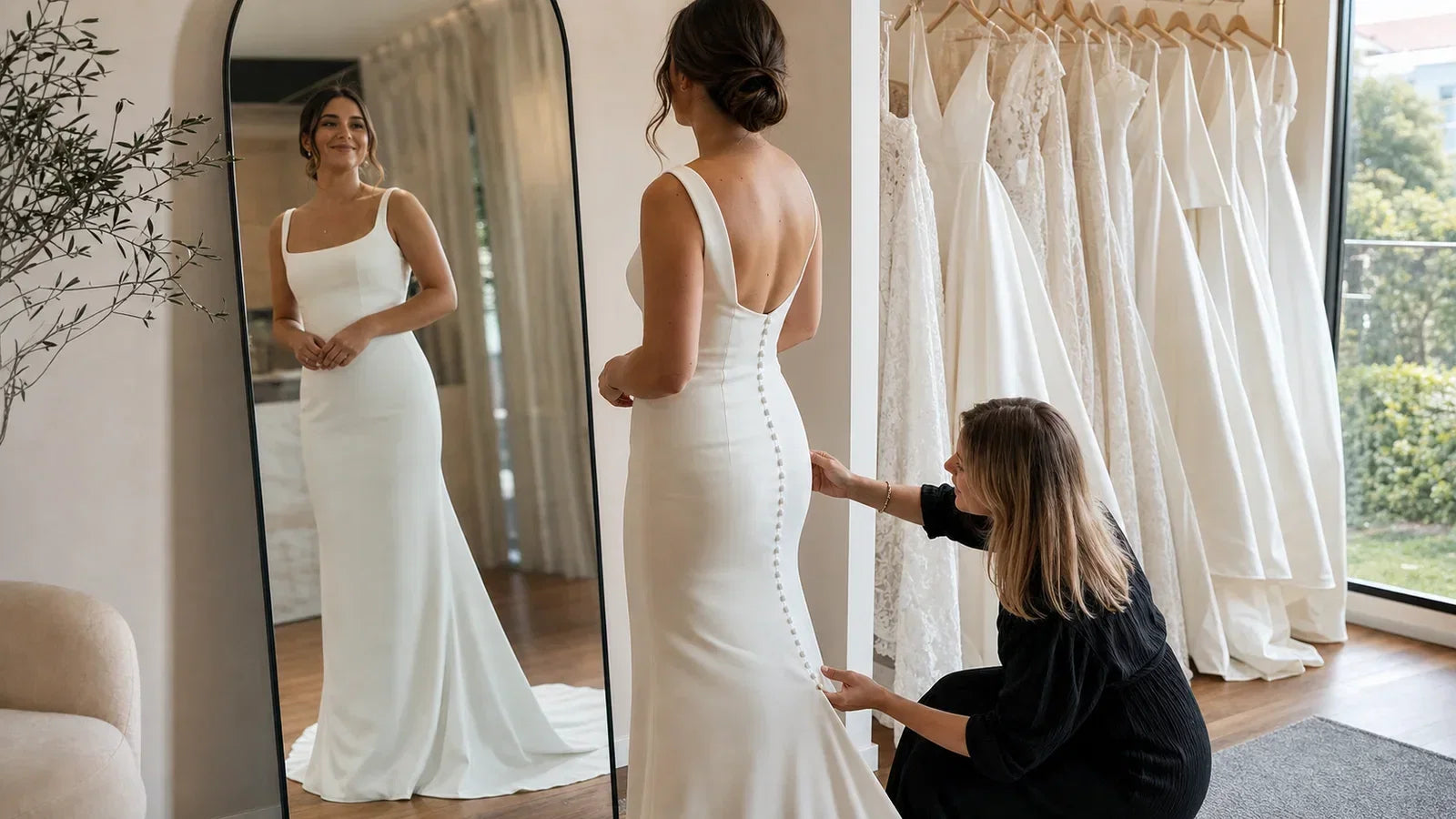 Bride trying an affordable wedding dress at a Brisbane bridal appointment
