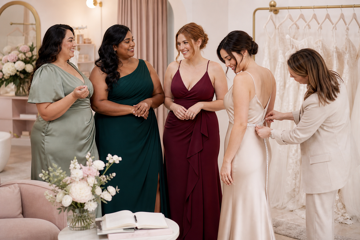Bridesmaids comparing dress fit in a calm Australian studio