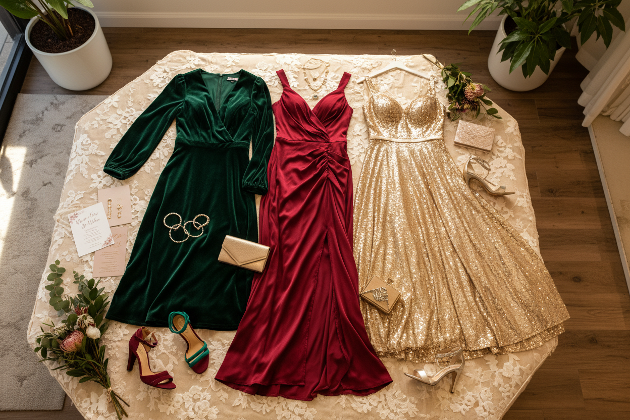 Bright Wedding Guest Dresses for Brisbane Winter: When Red, Emerald, or Gold Works