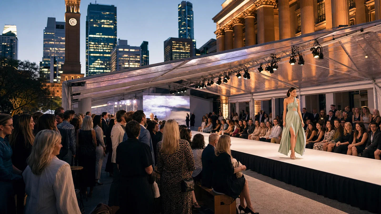 Fashion runway beside Brisbane City Hall during Brisbane Fashion Festival
