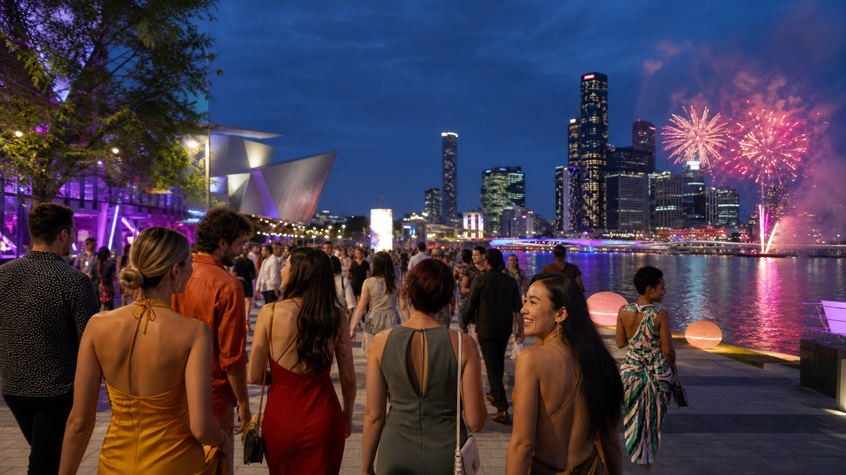 Brisbane riverfront festival night with distant fireworks