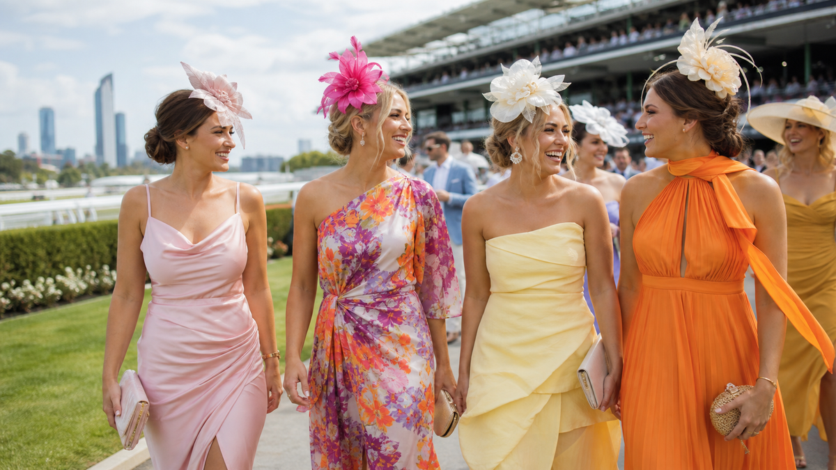 Women in colourful formal dresses at Brisbane spring racing