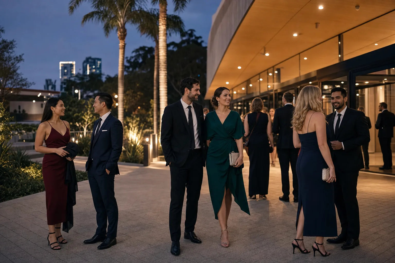 Guests arriving for a winter gala in Brisbane in cocktail dresses and jacket-and-tie attire