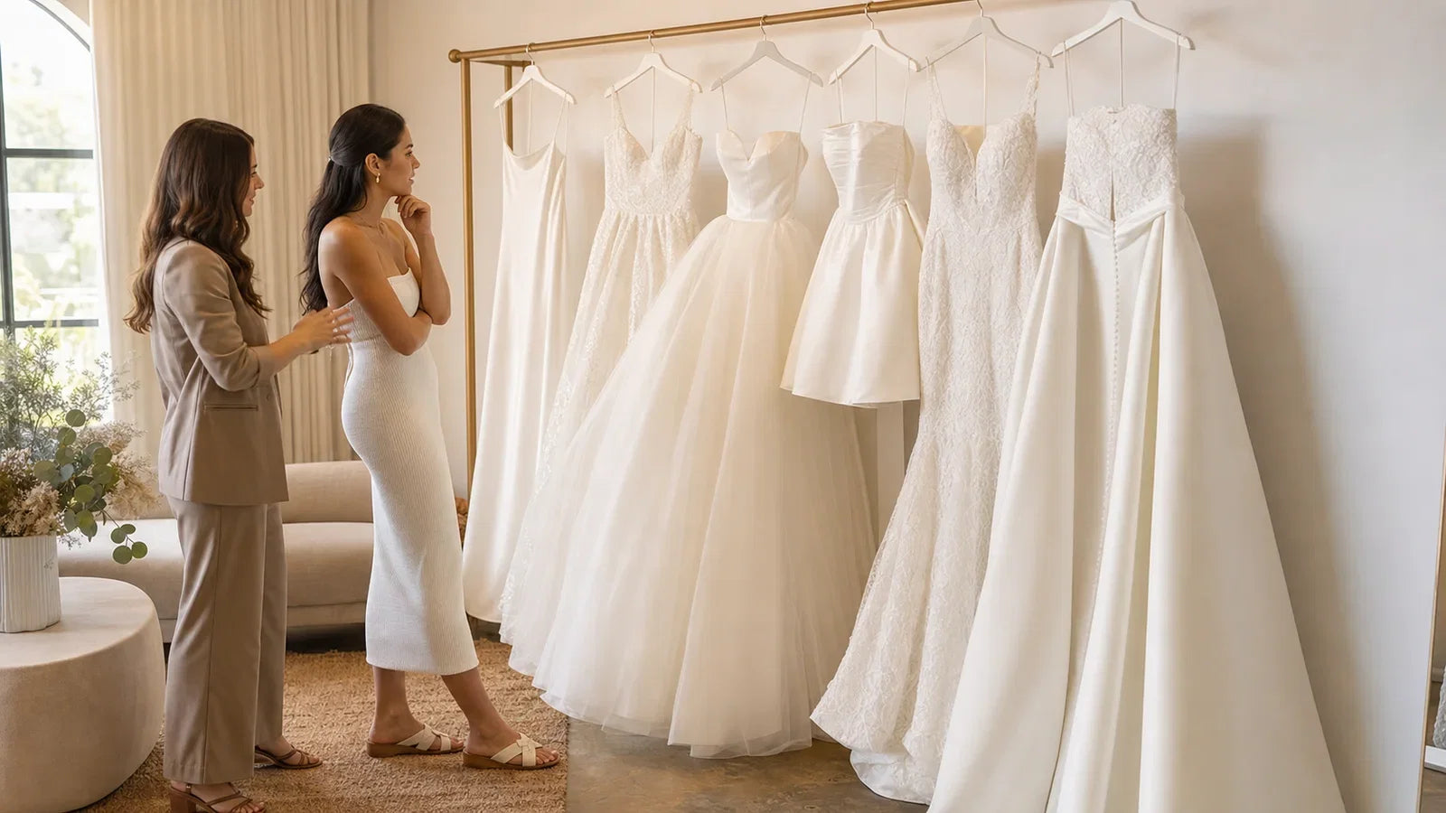Bride comparing wedding dress shapes at a first Brisbane bridal appointment