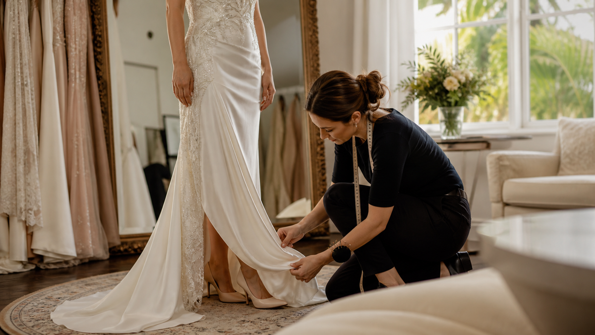 Formal dress hem fitting in a Brisbane studio