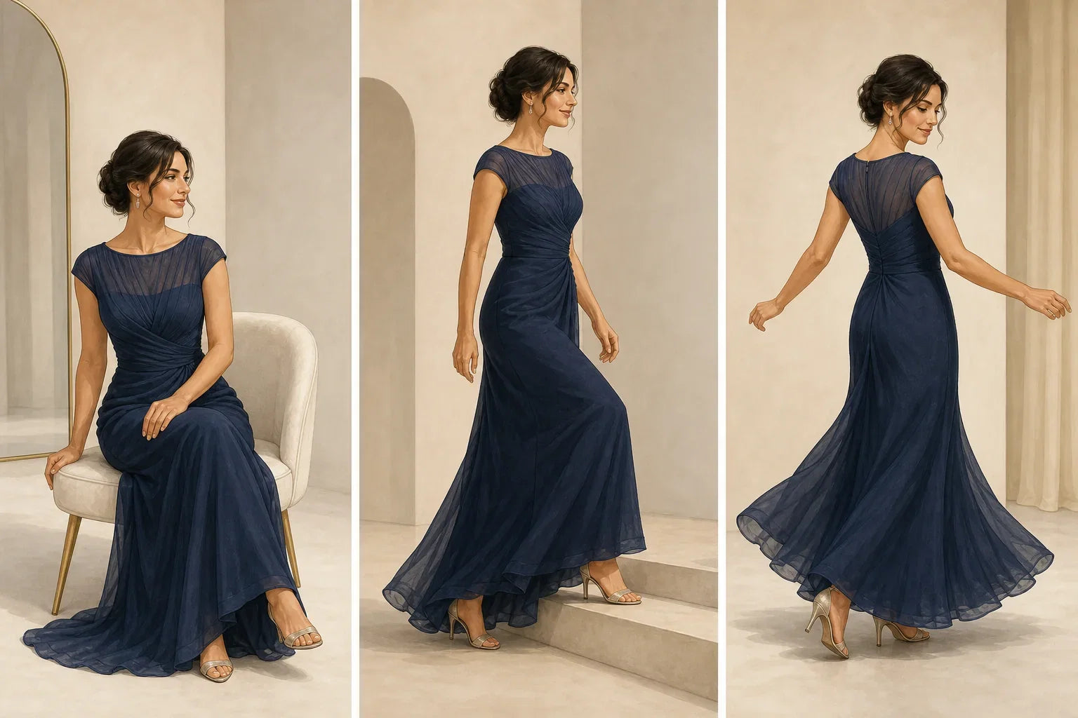 Formal dress fit checks for sitting, walking and dancing