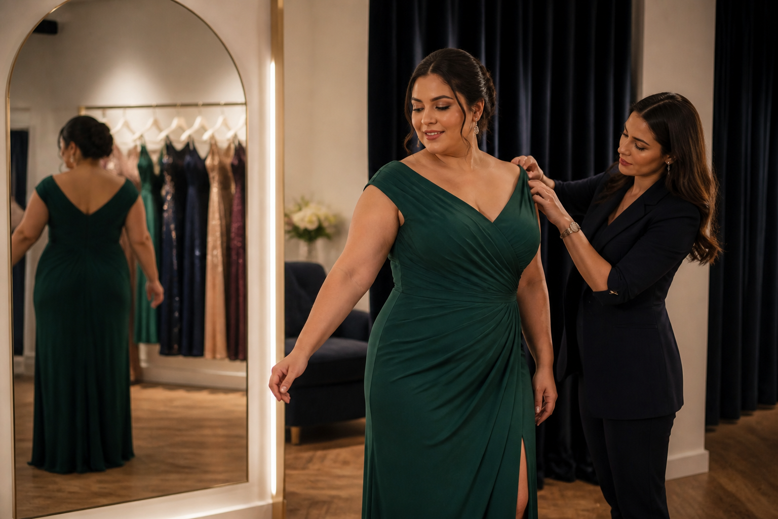 Woman testing the fit and movement of a structured emerald formal dress