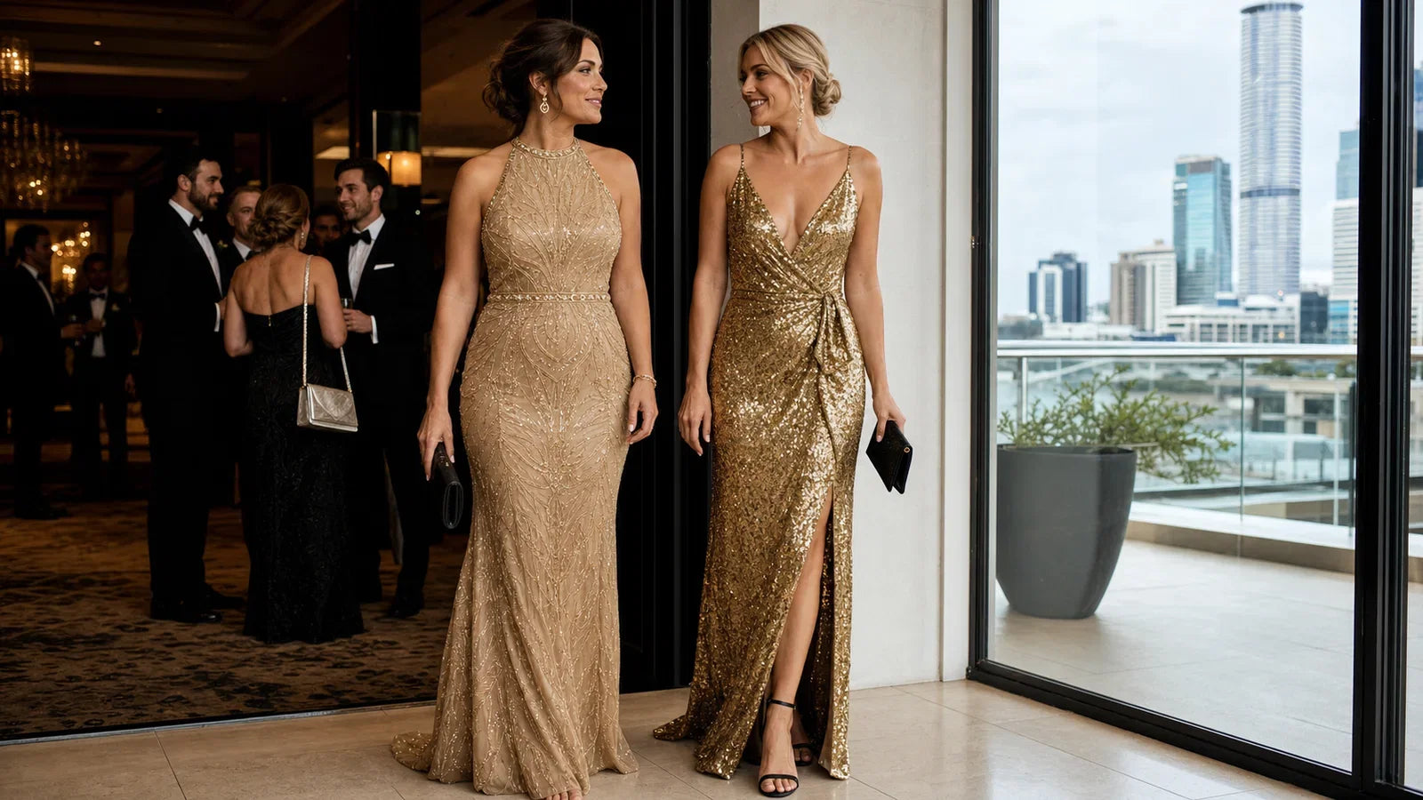 Gold formal dresses under daylight and ballroom lighting
