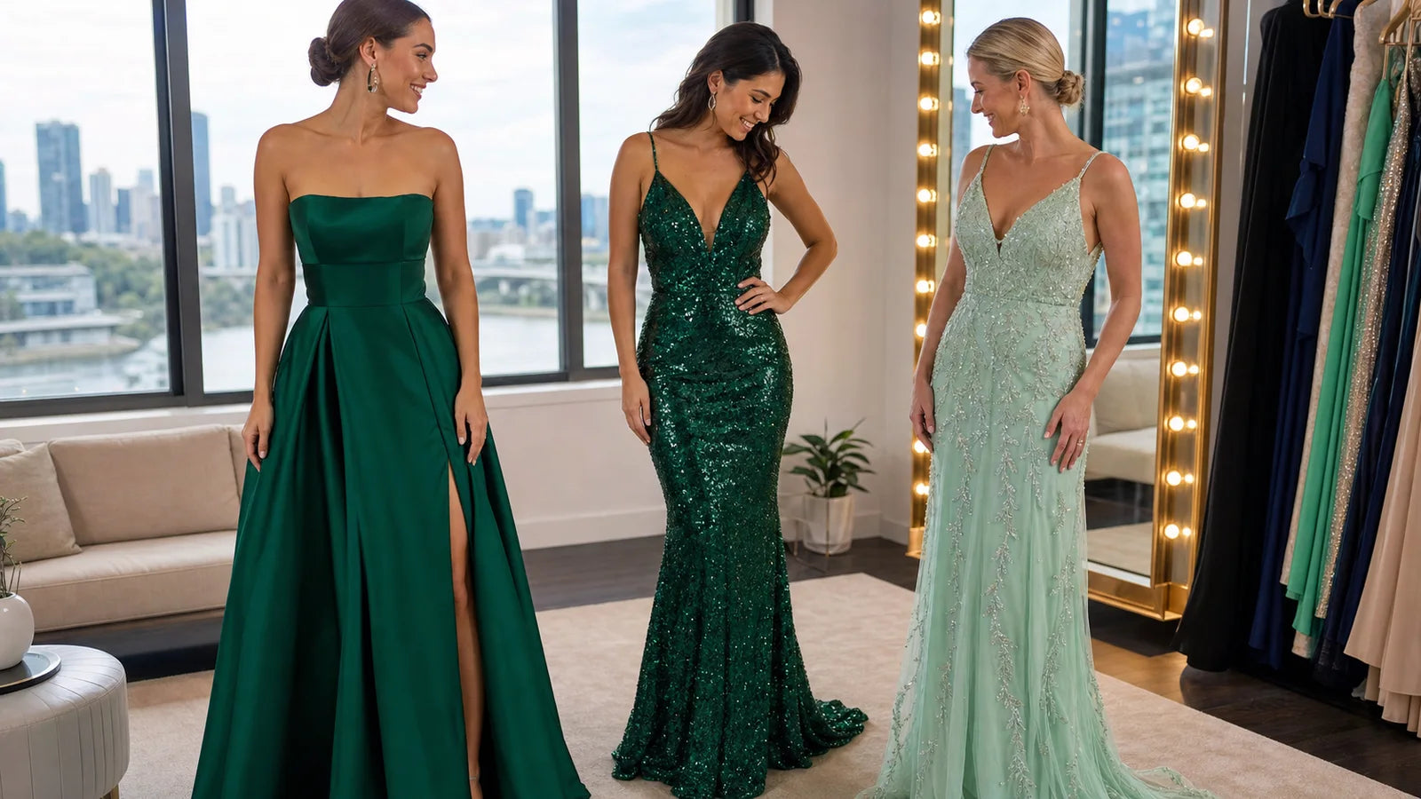 Comparing emerald, deep green and mint green formal dresses